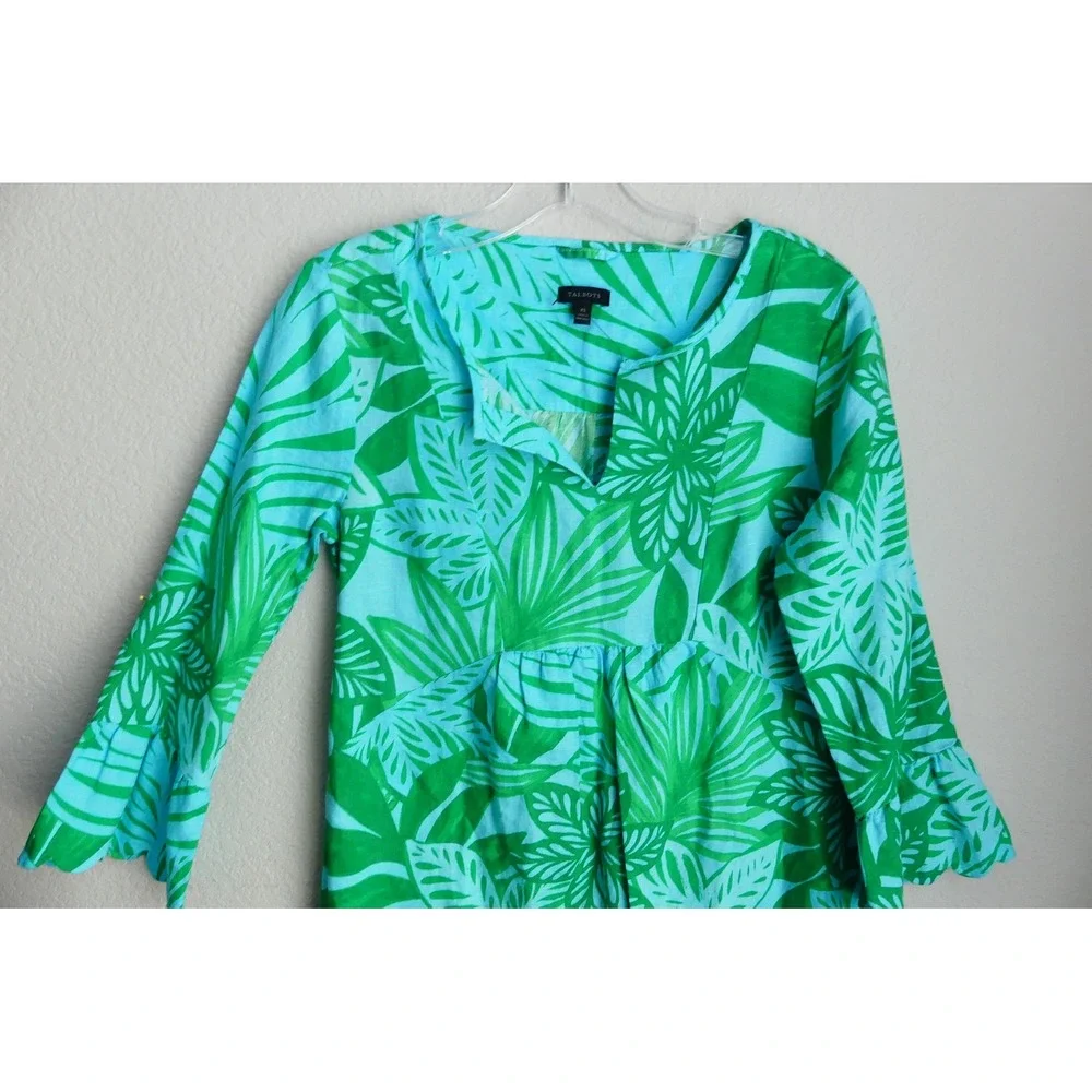 Talbots Linen Blend Tropical Print Shift Dress XS Ruffle Sleeve Summer Beach - Picture 2 of 6